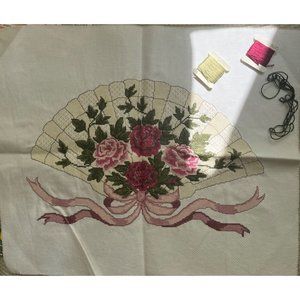 VTG 92 Completed Counted Cross Stitch Finished Victorian Floral Fan Needlepoint